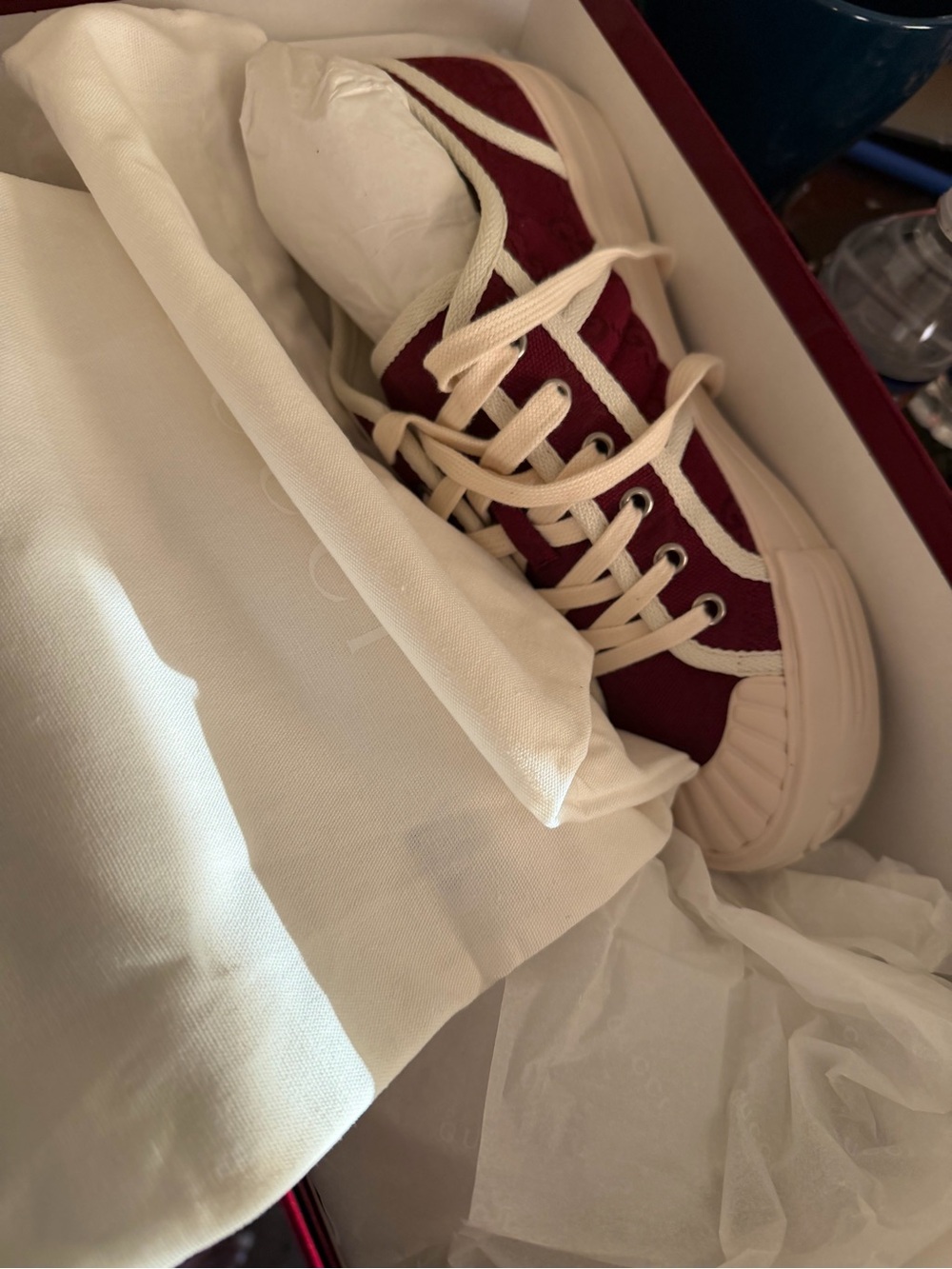 Burgundy Canvas Low-Top Sneakers with Cream Trim - Picture 9 of 12